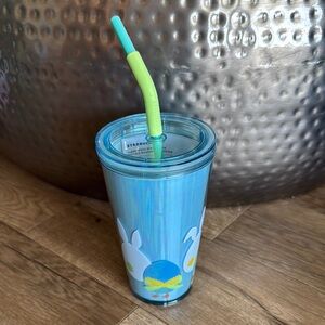 Starbucks 2025 Easter Blue Bunny & Chick Egg Printed Tumbler Rubber Straw NWT